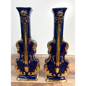 2 Vintage Cobalt Blue & Gold Violin Shaped Ceramic Wall Pockets Decorative